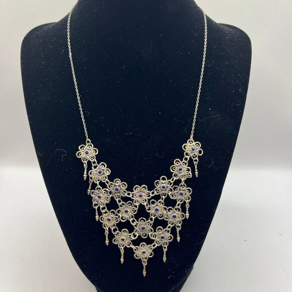 Vintage Filagree tested 925 Silver and Blue Lapis Necklace - Picture 1 of 5